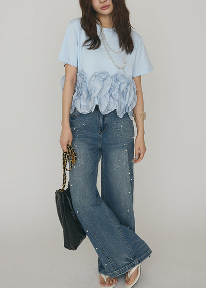 DIY Light Blue Patchwork Flower Cotton Shirt Short Sleeve