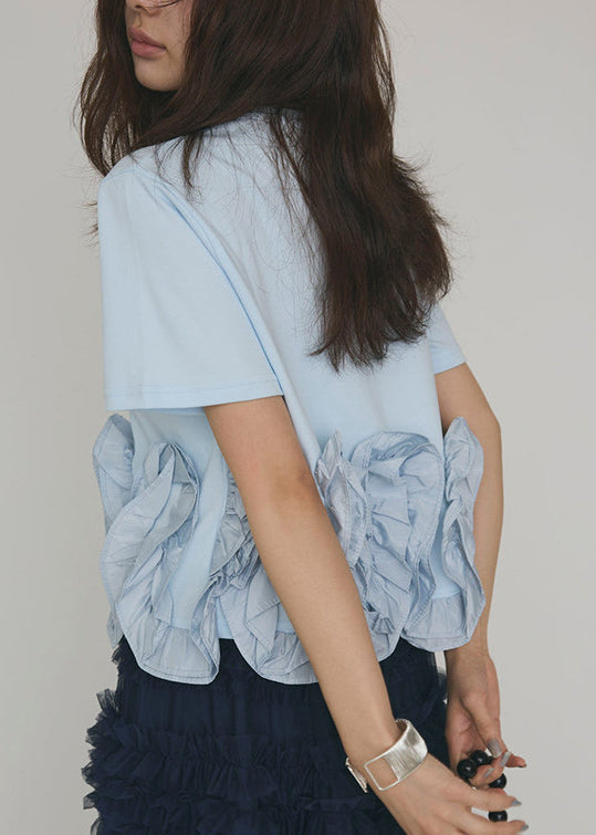 DIY Light Blue Patchwork Flower Cotton Shirt Short Sleeve