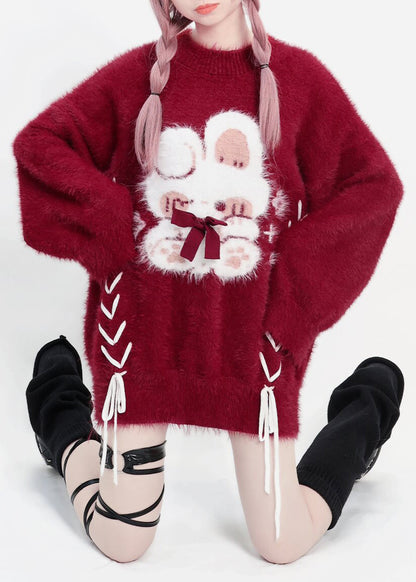DIY Mulberry Oversized Cute Rabbit Faux Mink Hair Knit Sweater Winter
