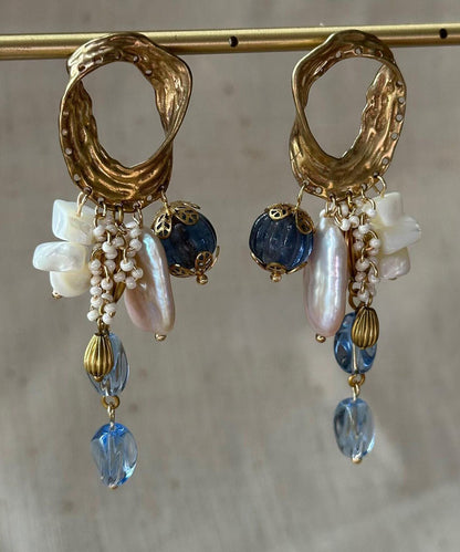 DIY Multicolor Copper Overgild Asymmetrical Beading Tassel Drop Earrings