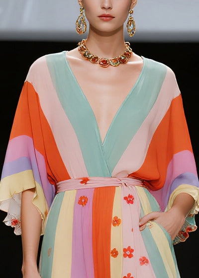 DIY Multicolored Asymmetrical Striped Chiffon Vacation Dresses Summer