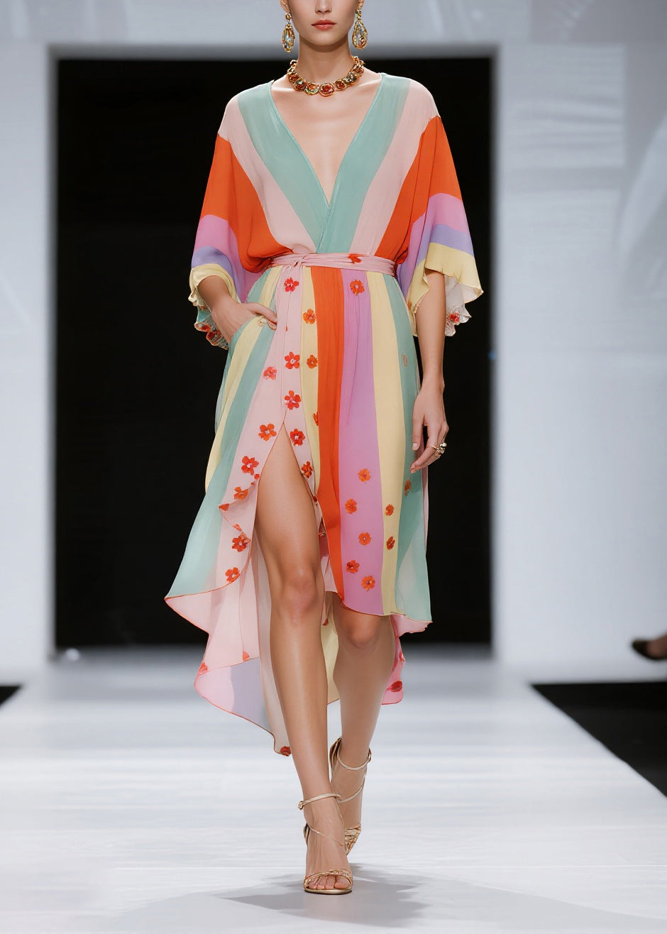 DIY Multicolored Asymmetrical Striped Chiffon Vacation Dresses Summer