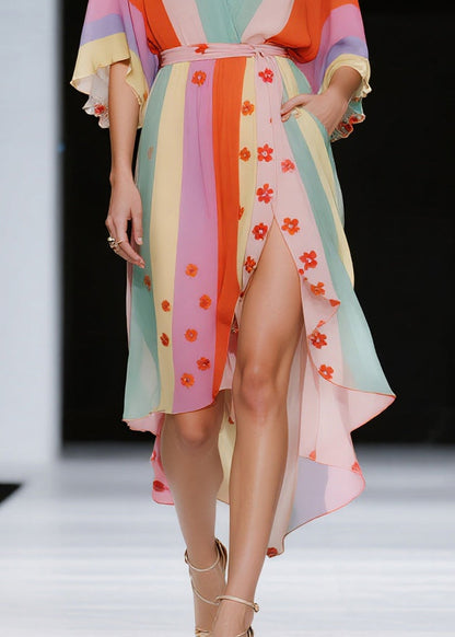 DIY Multicolored Asymmetrical Striped Chiffon Vacation Dresses Summer