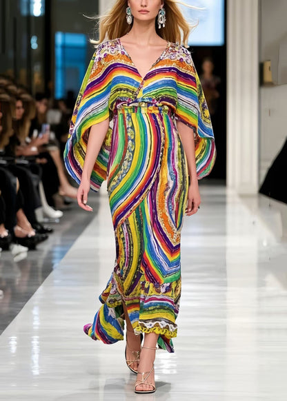 DIY Multicolour Print Chiffon Vacation Dress Cloak Sleeves