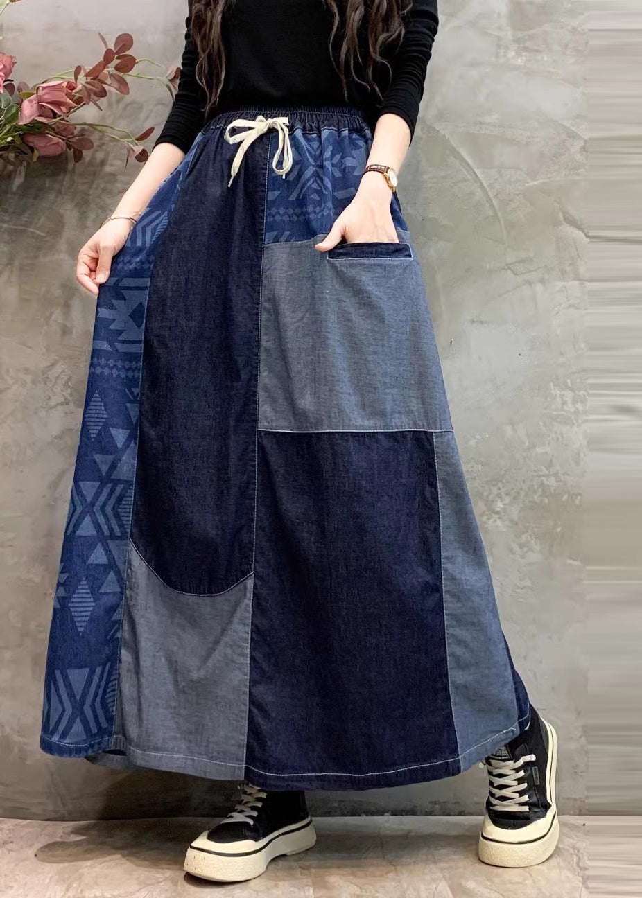 DIY Navy Asymmetrical Patchwork Denim Skirt Summer