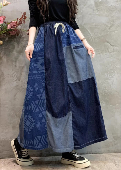 DIY Navy Asymmetrical Patchwork Denim Skirt Summer