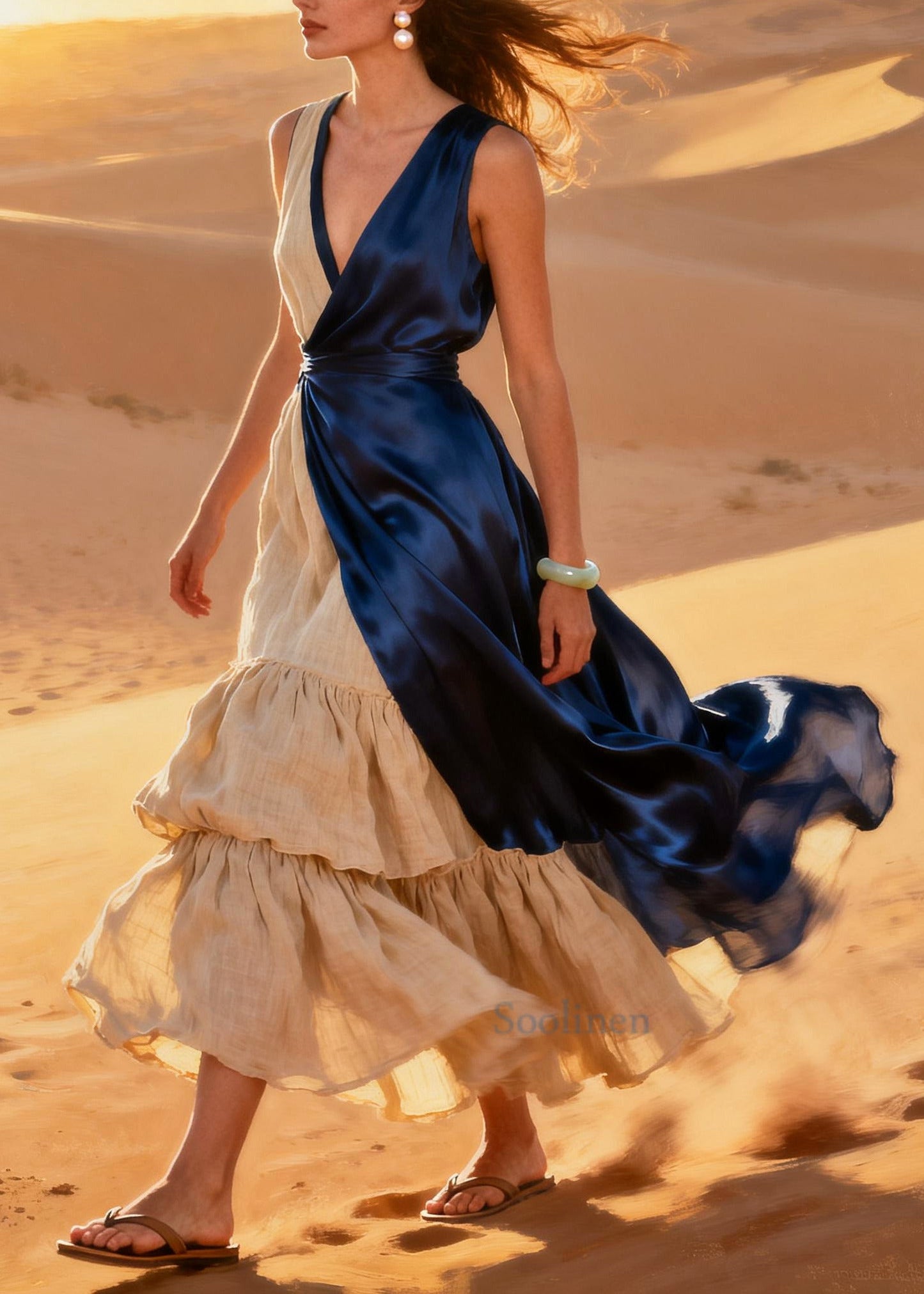 DIY Navy Asymmetrical Patchwork Linen Silk Maxi Dresses Summer