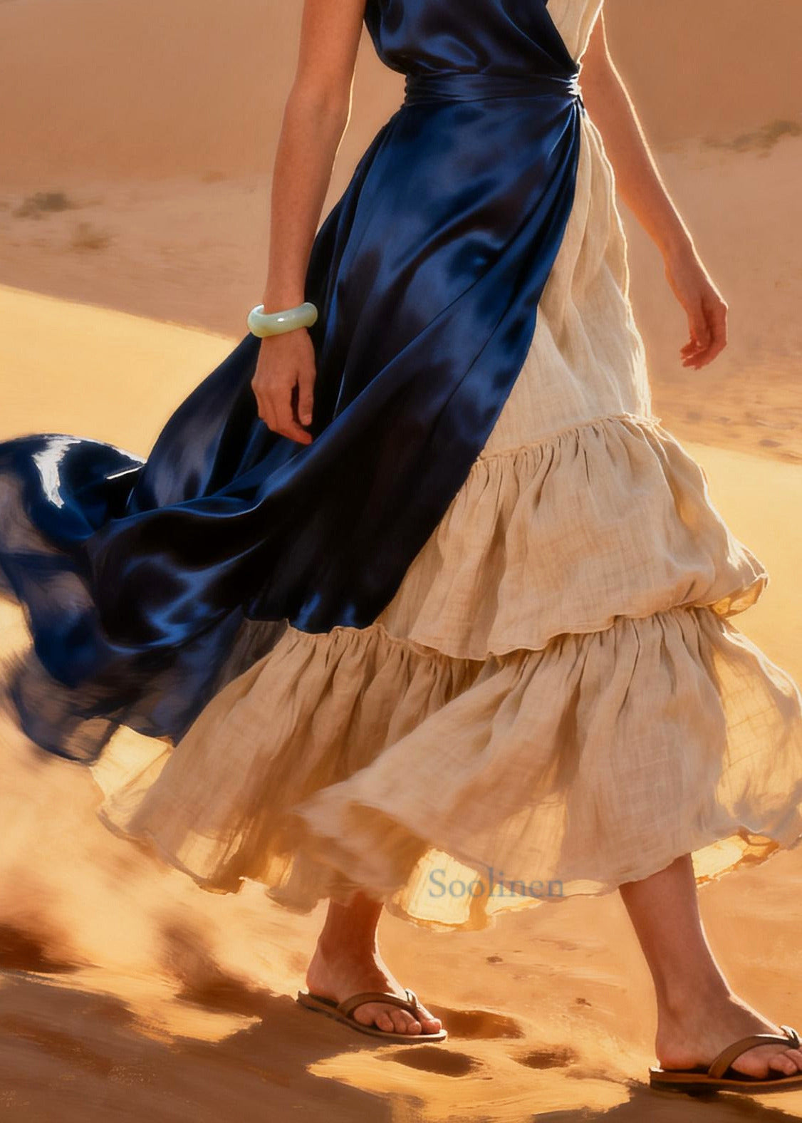 DIY Navy Asymmetrical Patchwork Linen Silk Maxi Dresses Summer