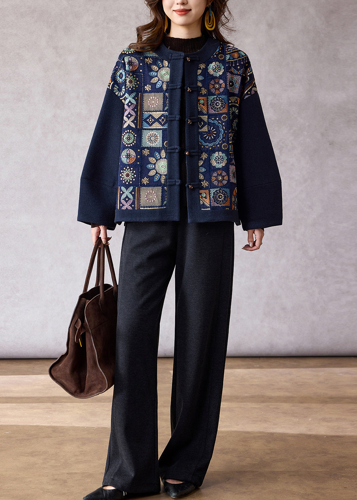 DIY Navy Embroidered Patchwork Woolen Jacket Spring