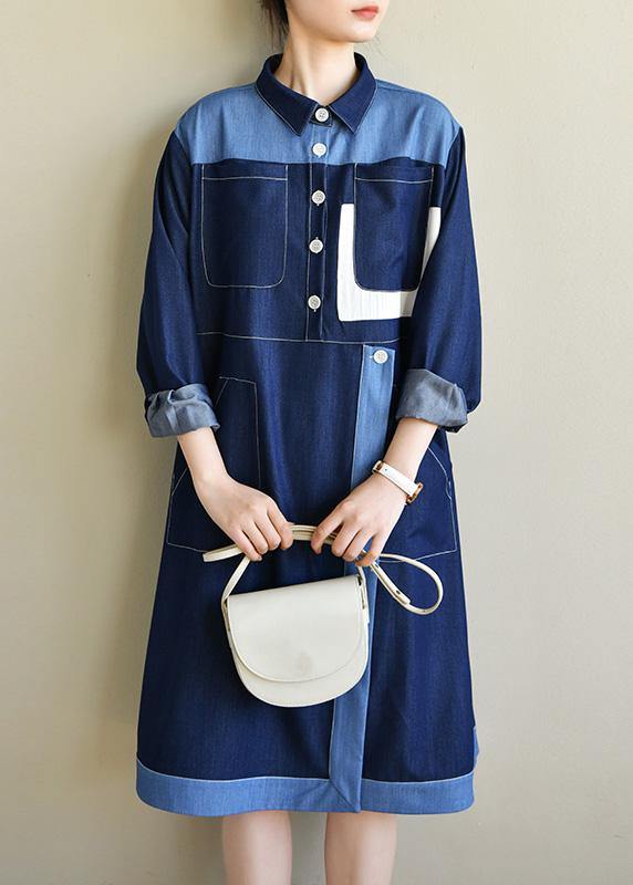 DIY Navy Long sleeve Chiffon Dress Patchwork Mid Dress - SooLinen