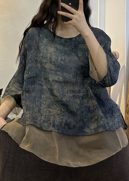 DIY Navy O Neck Print Patchwork Leinen Blusen Sommer