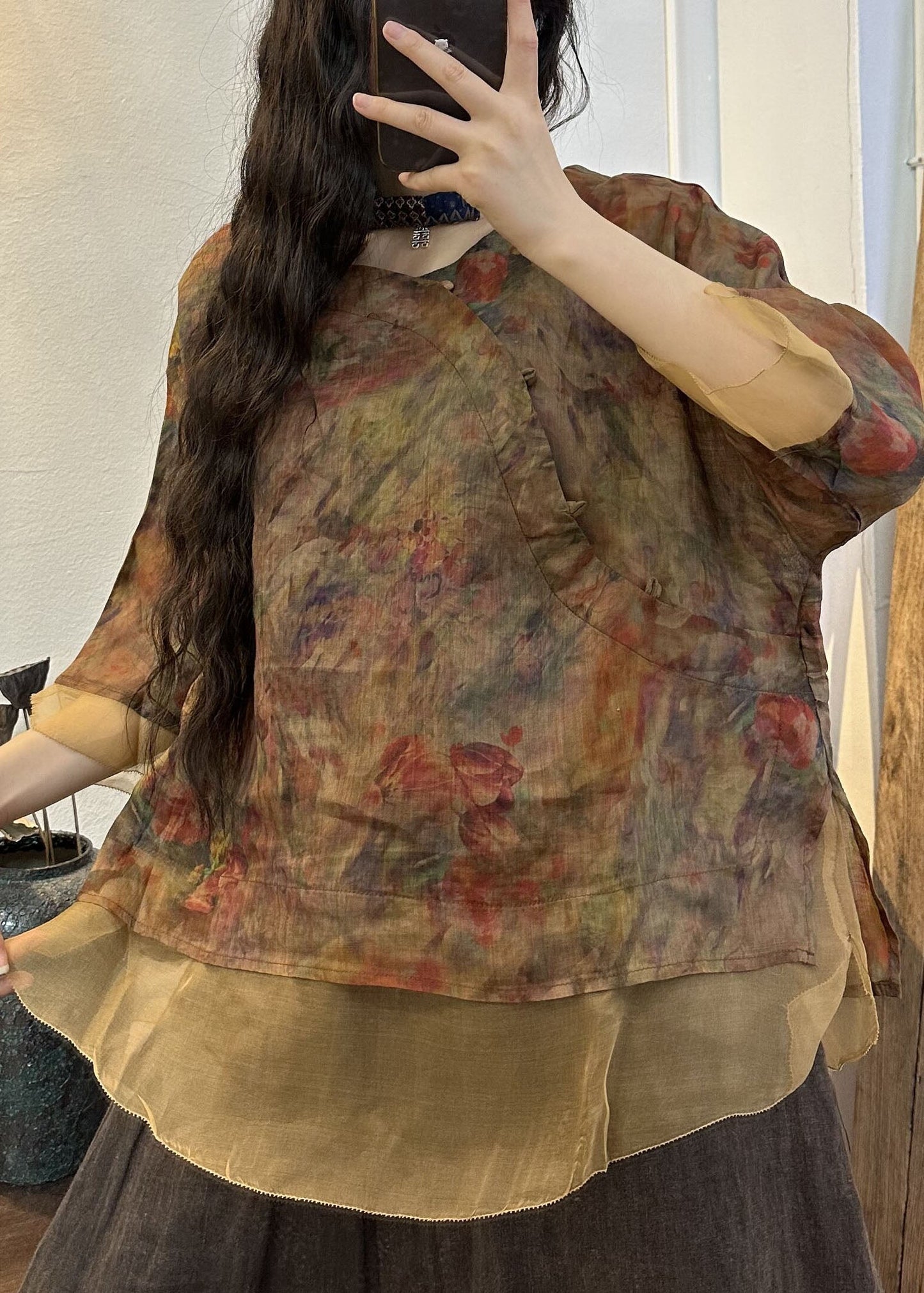 DIY Navy O Neck Print Patchwork Leinen Blusen Sommer