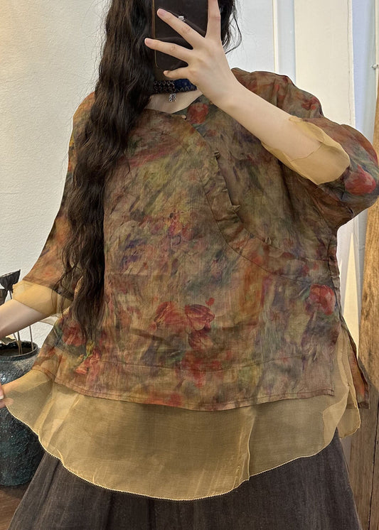 Blusas de lino con cuello redondo y estampado de patchwork para verano, hechas a mano en azul marino