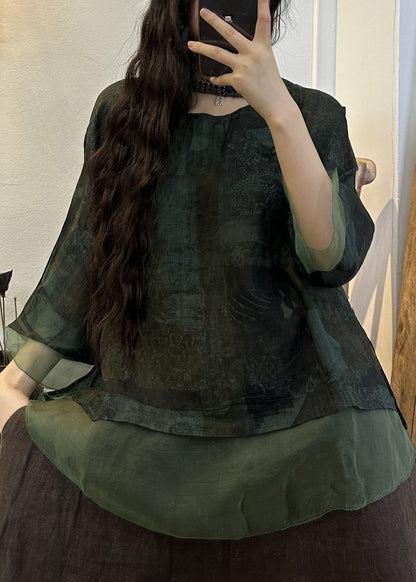 DIY Navy O Neck Print Patchwork Leinen Blusen Sommer