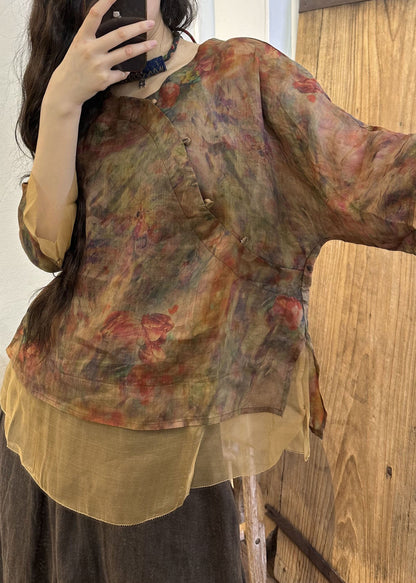 DIY Navy O Neck Print Patchwork Leinen Blusen Sommer