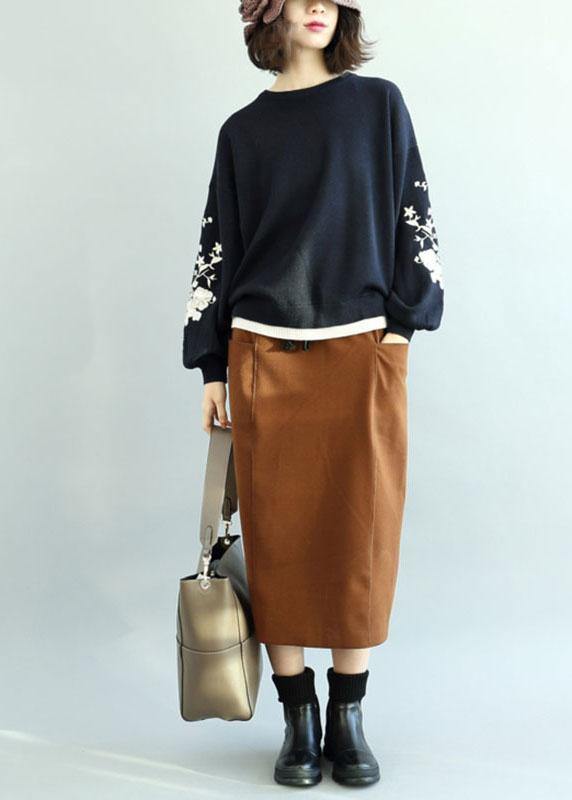 DIY Navy O-Neck Sequins Embroideried Fall Knit Sweaters - SooLinen