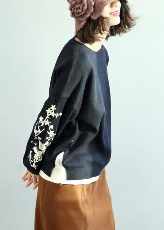 DIY Navy O-Neck Sequins Embroideried Fall Knit Sweaters - SooLinen