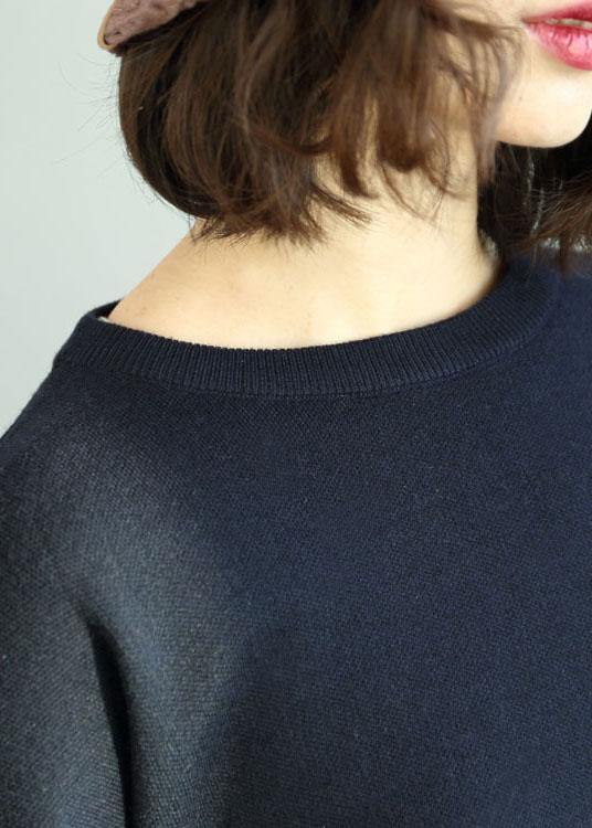 DIY Navy O-Neck Sequins Embroideried Fall Knit Sweaters - SooLinen