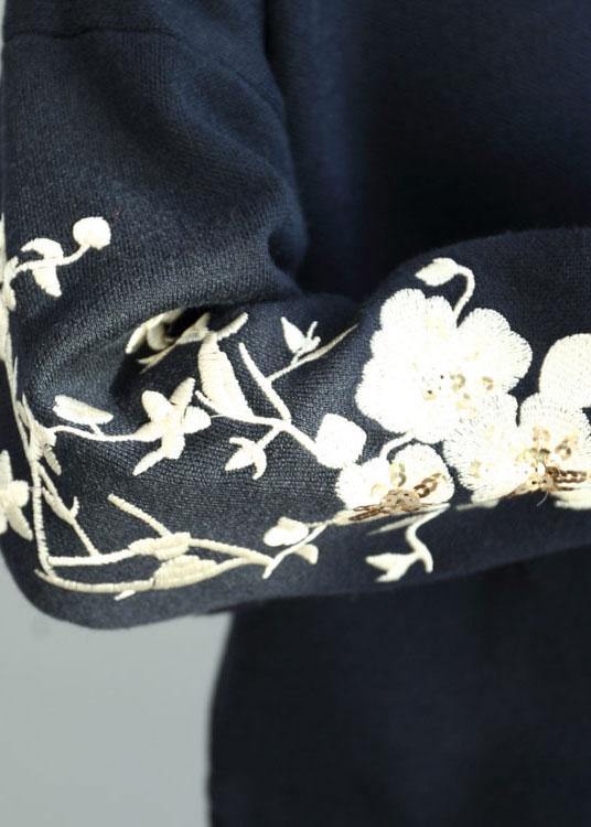 DIY Navy O-Neck Sequins Embroideried Fall Knit Sweaters - SooLinen