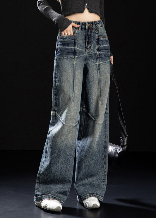 DIY Navy Oversized Patchwork Denim Wide Leg Pants Spring