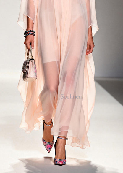 DIY Nude Peter Pan Collar Patchwork Chiffon Maxi Dress Summer