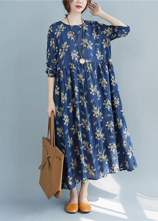 DIY O Neck Cinched Spring Quilting Clothes Work Outfits Blue Print Traveling Dress - SooLinen