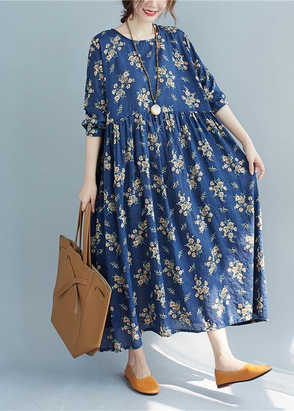 DIY O Neck Cinched Spring Quilting Clothes Work Outfits Blue Print Traveling Dress - SooLinen