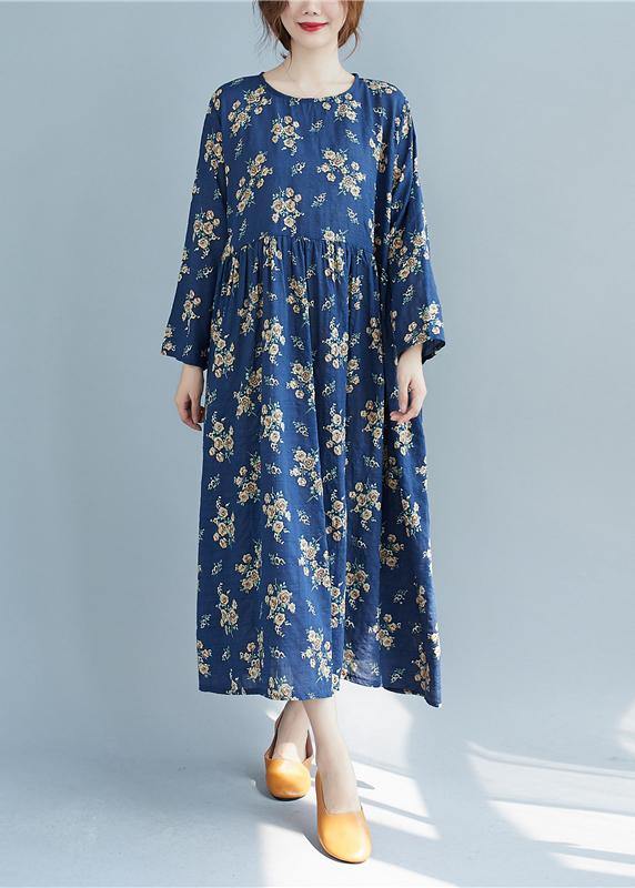 DIY O Neck Cinched Spring Quilting Clothes Work Outfits Blue Print Traveling Dress - SooLinen