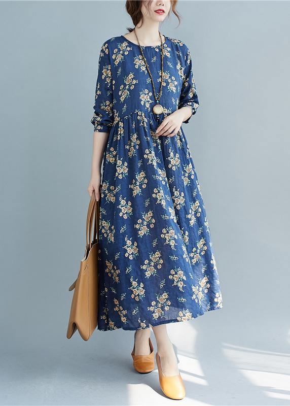 DIY O Neck Cinched Spring Quilting Clothes Work Outfits Blue Print Traveling Dress - SooLinen