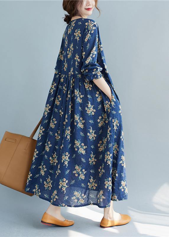 DIY O Neck Cinched Spring Quilting Clothes Work Outfits Blue Print Traveling Dress - SooLinen