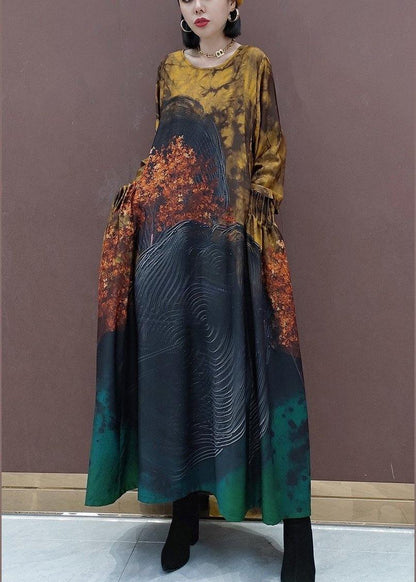 DIY O Neck Large Hem Spring Clothes Tunic Tops Yellow Print Vestidos De Lino Dresses - SooLinen