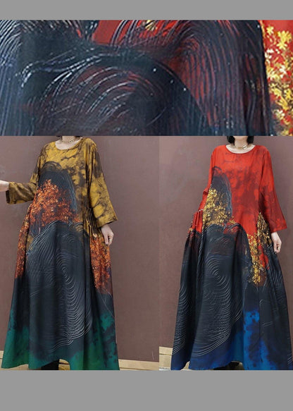 DIY O Neck Large Hem Spring Clothes Tunic Tops Yellow Print Vestidos De Lino Dresses - SooLinen