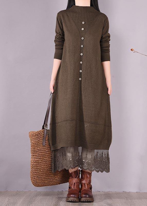 DIY O Neck Patchwork Lace Spring Tunics Linen Chocolate A Line Dress - SooLinen