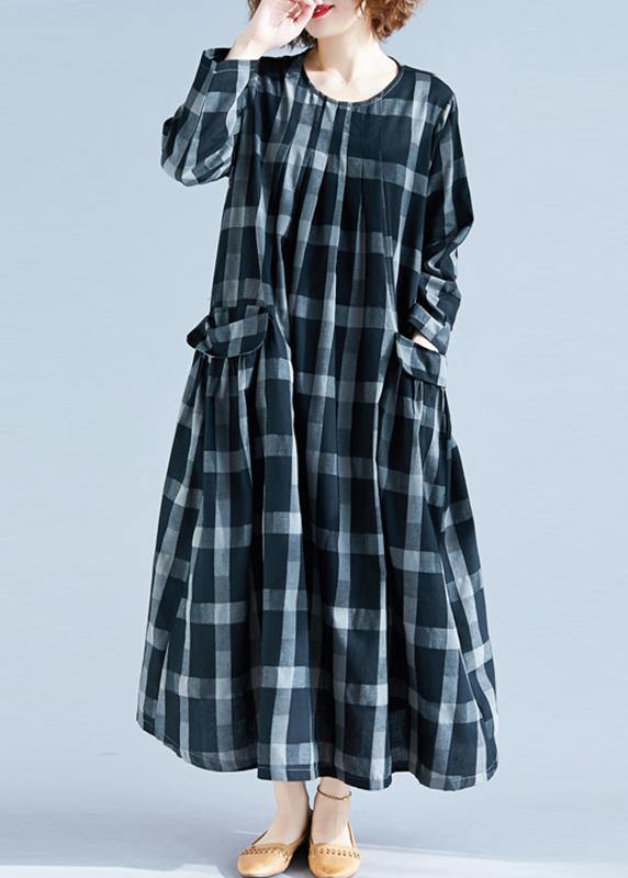 DIY O Neck Pockets Spring Tunics Gray Plaid Maxi Dress - SooLinen