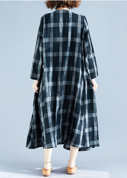 DIY O Neck Pockets Spring Tunics Gray Plaid Maxi Dress - SooLinen
