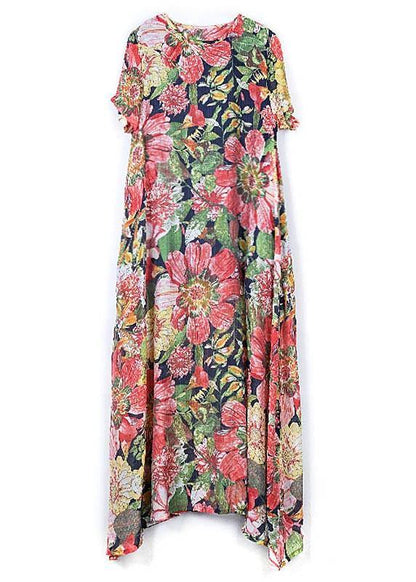 DIY O Neck large hem Summer Tunics Tunic Navy Print Loose Dress - SooLinen