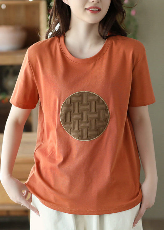 DIY Orange O-Ausschnitt Patchwork Baumwolle T-Shirt Kurzarm
