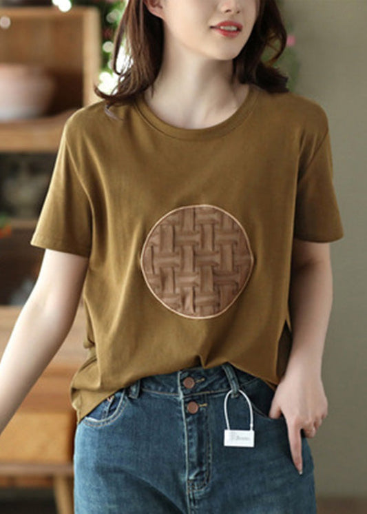DIY Orange O-Ausschnitt Patchwork Baumwolle T-Shirt Kurzarm