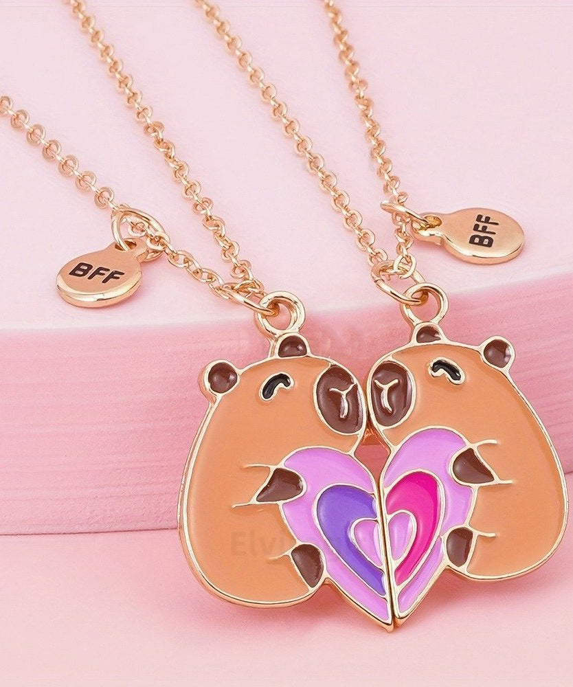 DIY Orange Stainless Steel Alloy Capybara Love Patchwork Best Friend Set Pendant Necklace