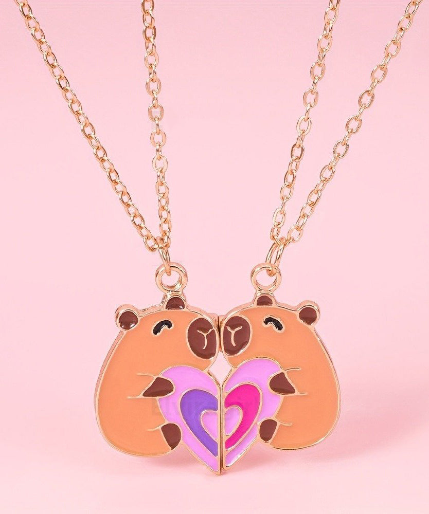 DIY Orange Stainless Steel Alloy Capybara Love Patchwork Best Friend Set Pendant Necklace