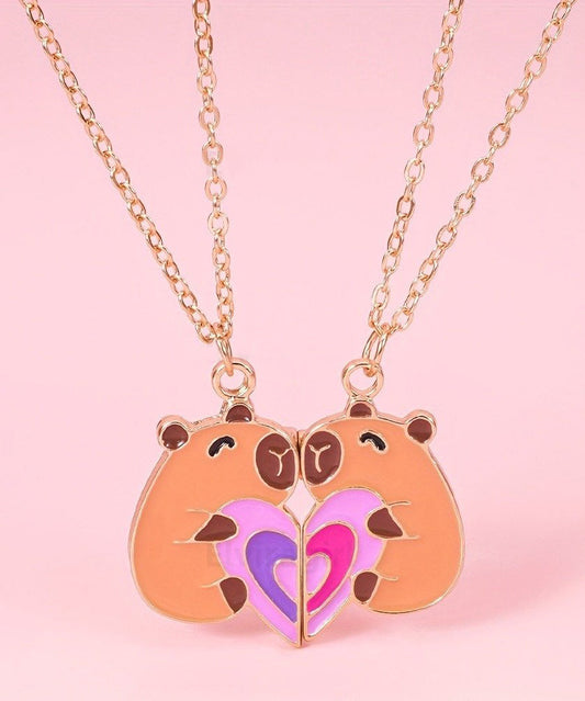 DIY Orange Stainless Steel Alloy Capybara Love Patchwork Best Friend Set Pendant Necklace