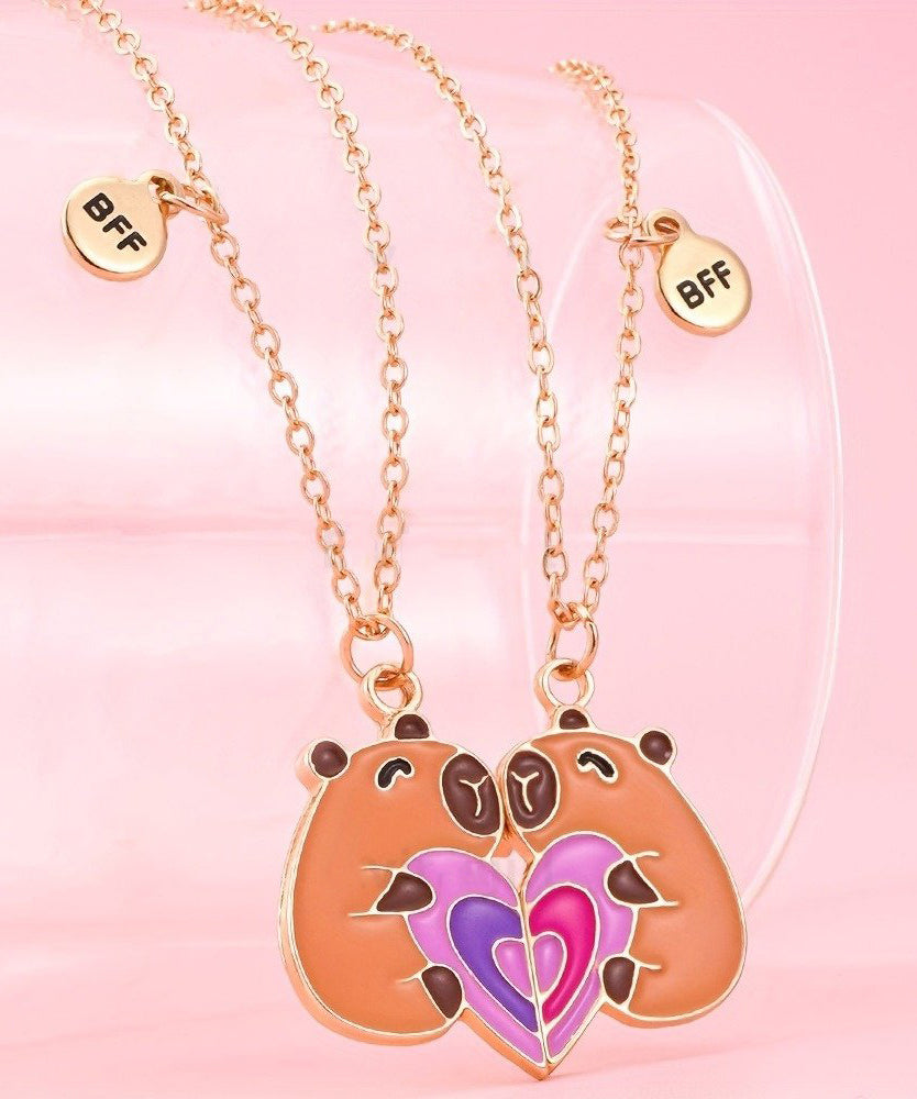 DIY Orange Stainless Steel Alloy Capybara Love Patchwork Best Friend Set Pendant Necklace