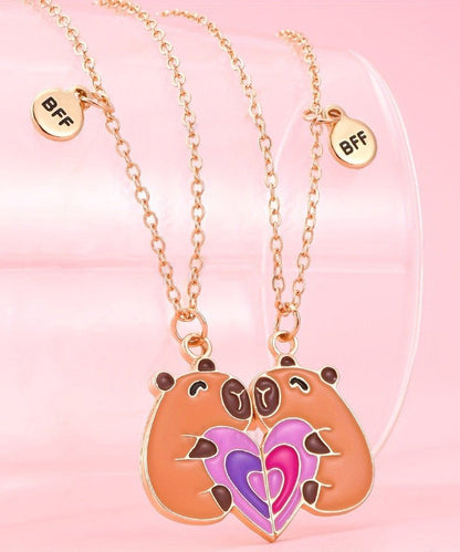 DIY Orange Stainless Steel Alloy Capybara Love Patchwork Best Friend Set Pendant Necklace