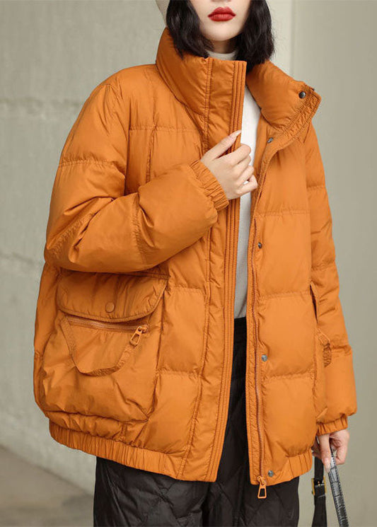 DIY Orange Stehkragen Reißverschlusstaschen Entendaunenjacke im Winter