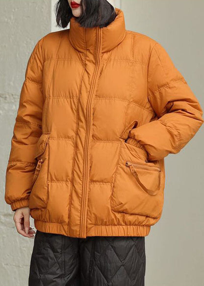DIY Orange Stehkragen Reißverschlusstaschen Entendaunenjacke im Winter