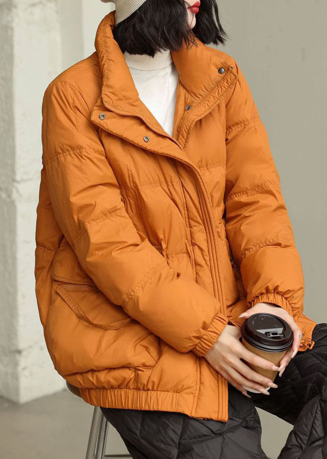 DIY Orange Stehkragen Reißverschlusstaschen Entendaunenjacke im Winter