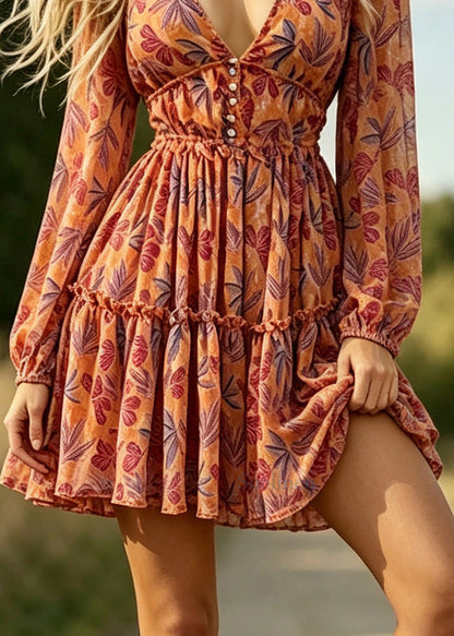 DIY Orange V Neck Print Chiffon Mid Dresses Summer