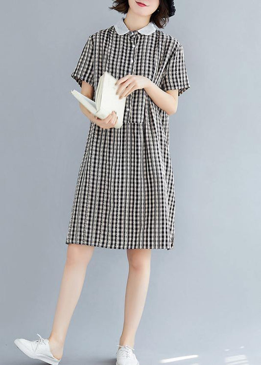 DIY Peter pan Collar Cotton summer clothes For Women black plaid Dress - SooLinen