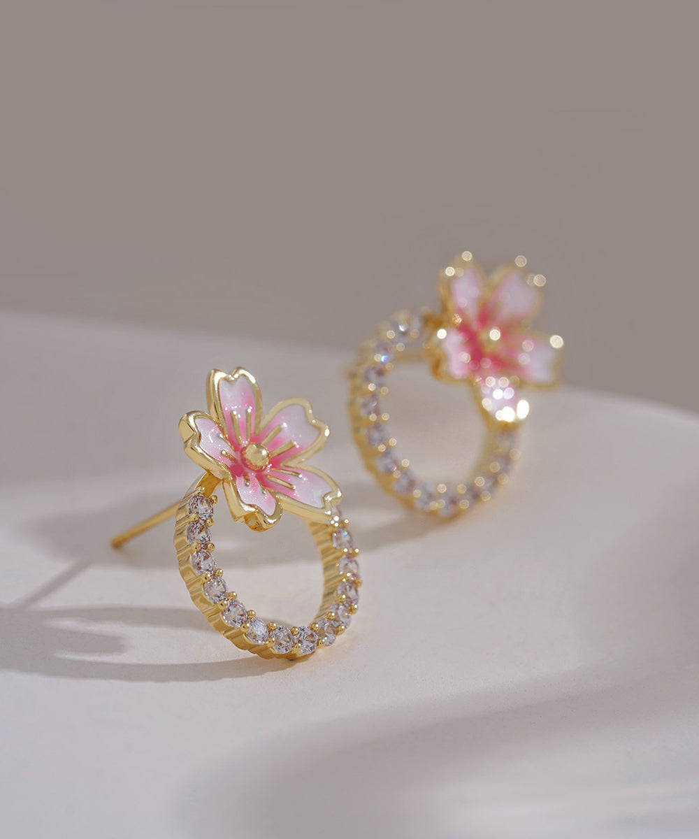 Pendientes DIY con diseño floral de circón rosa en oro de 14 quilates con gotas de aceite
