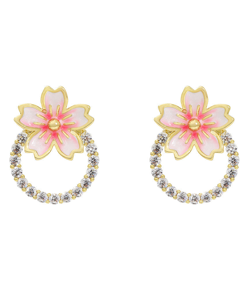 Pendientes DIY con diseño floral de circón rosa en oro de 14 quilates con gotas de aceite